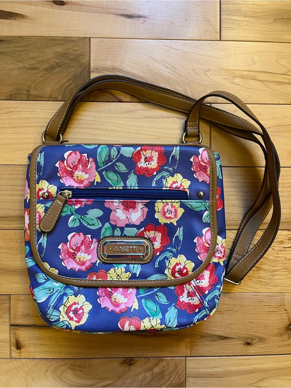 Rosetti Navy Floral Crossbody Bag with Brown Trim